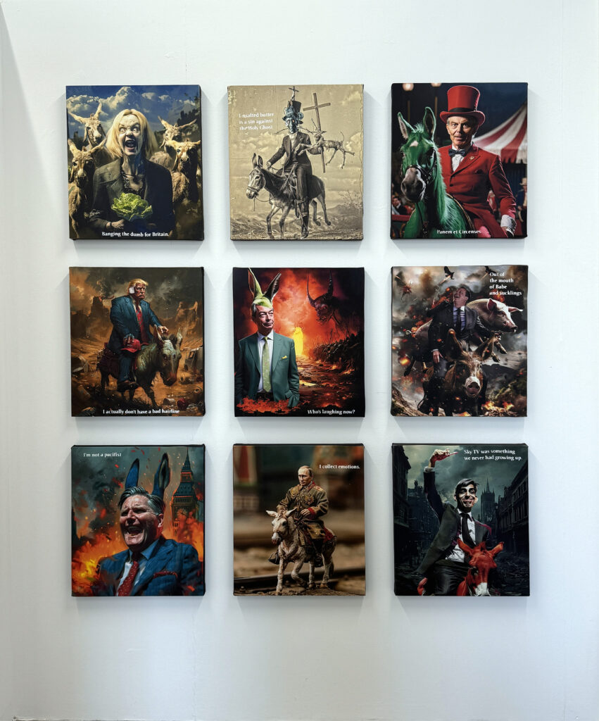 a grid of 9 prints of neoliberal politicians riding donkeys in an apocalyptic scenario